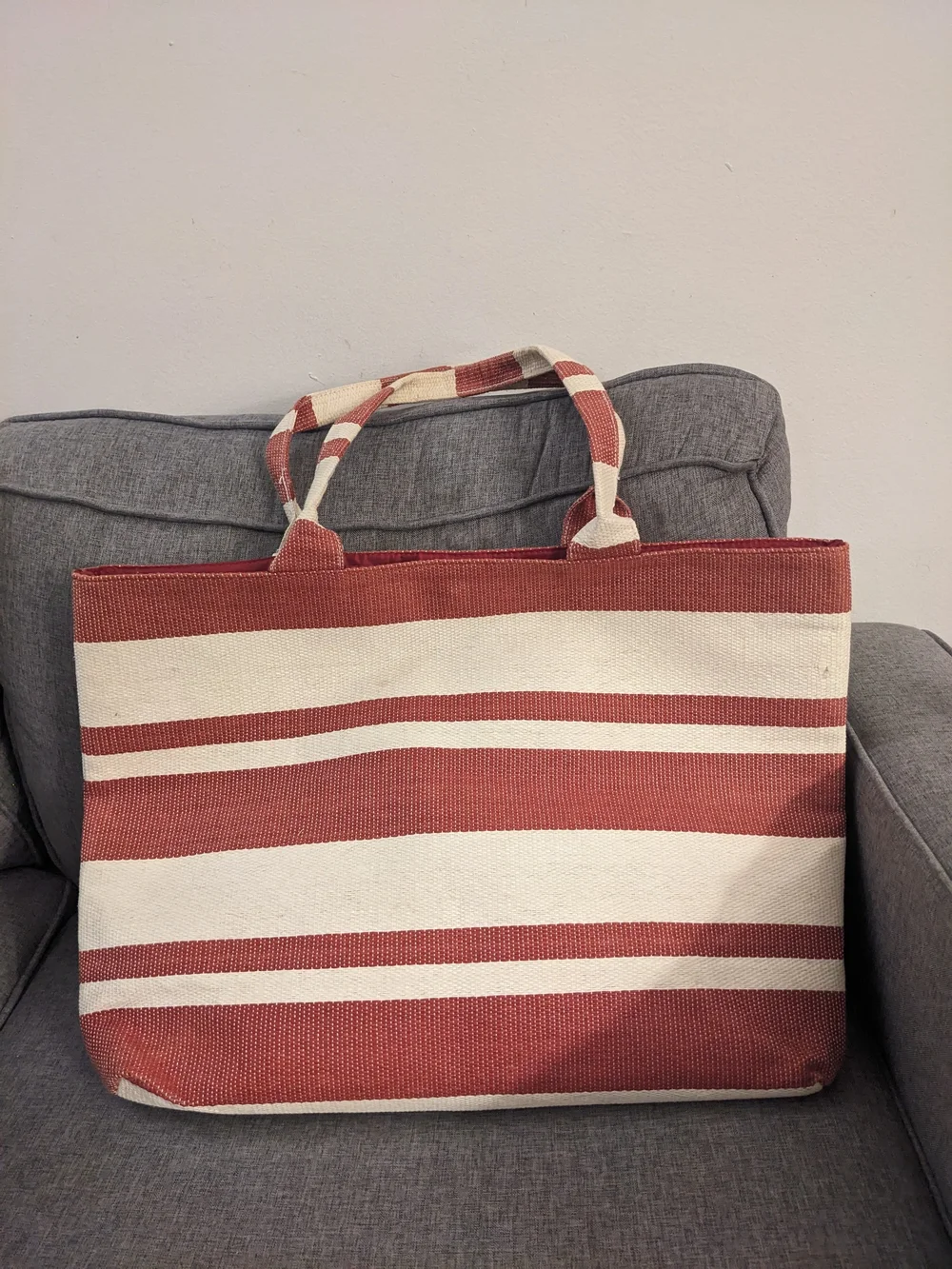 Striped Red and Cream Canvas Beach Bag | Striped Oversized Tote
